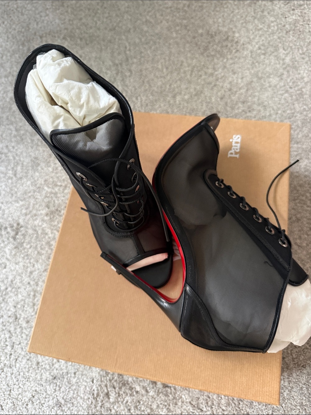 Christian Louboutin Black Lace-Up Open-Toe Heeled Booties with Red Sole